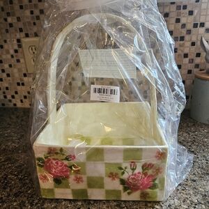 Mackenzie-Childs Green Checkered Floral Basket